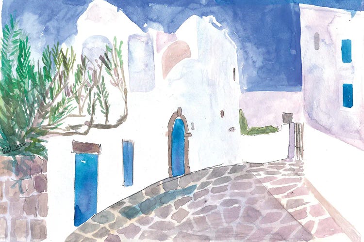 Mediterranean Alley With White Houses And Blue Doors