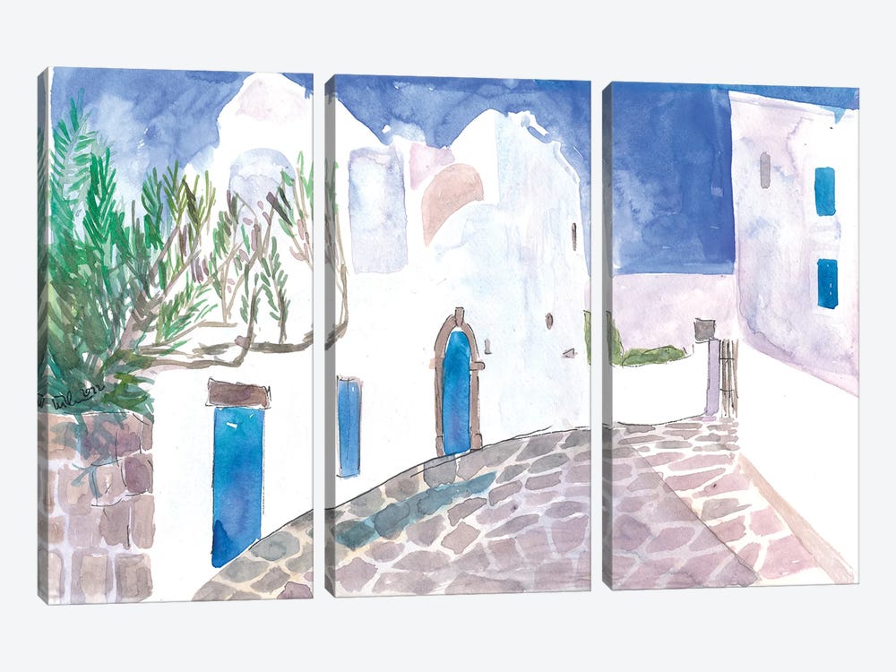 Mediterranean Alley With White Houses And Blue Doors by Markus & Martina Bleichner 3-piece Art Print