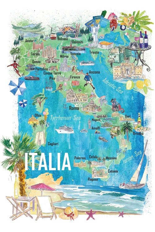 Italy Illustrated Travel Map With Roads And Tourist Highlights