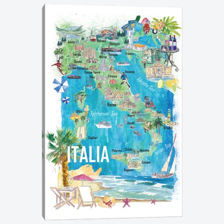 Italy Illustrated Travel Map With Roads And Tourist Highlights Canvas Print #MMB898} by Markus & Martina Bleichner Canvas Artwork