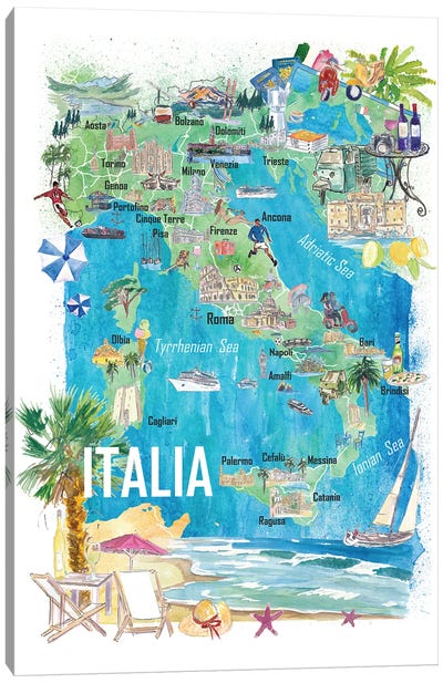 Italy Illustrated Travel Map With Roads And Tourist Highlights Canvas Art Print - Country Maps