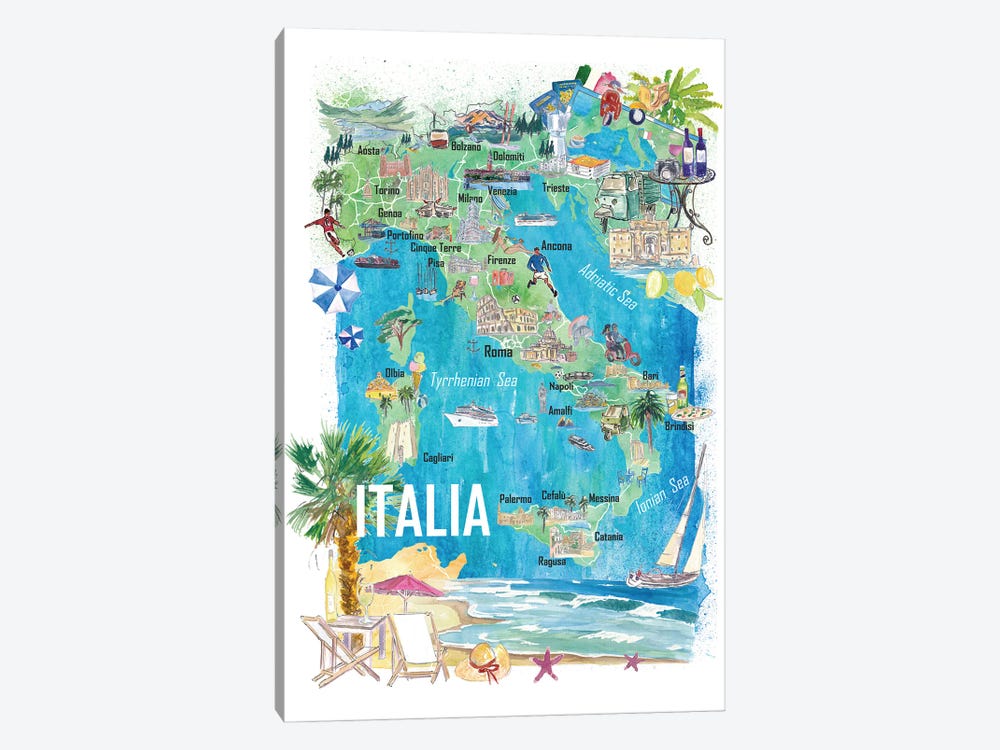 Italy Illustrated Travel Map With Roads And Tourist Highlights by Markus & Martina Bleichner 1-piece Art Print