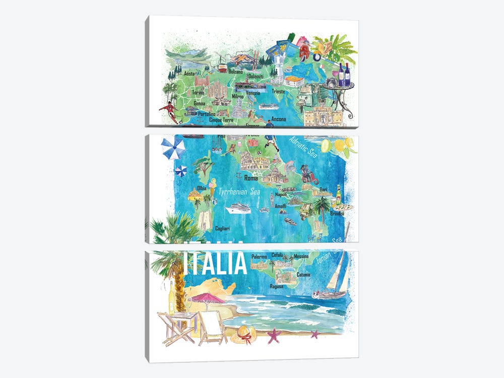 Italy Illustrated Travel Map With Roads And Tourist Highlights by Markus & Martina Bleichner 3-piece Canvas Art Print