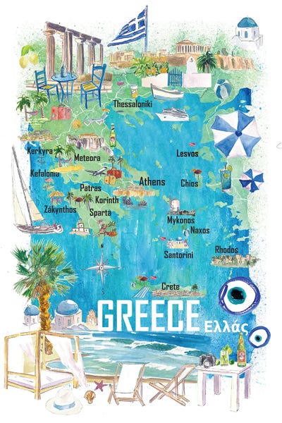 Greece Illustrated Travel Map With Roads And Tourist Highlights by Markus & Martina Bleichner framed canvas print