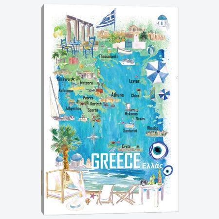 Greece Illustrated Travel Map With Roads And Tourist Highlights Canvas Print #MMB899} by Markus & Martina Bleichner Canvas Artwork
