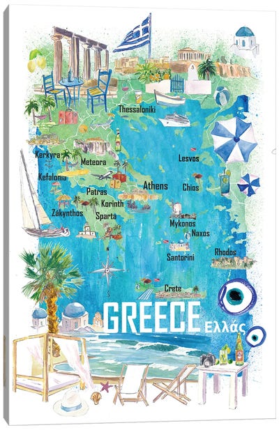 Greece Illustrated Travel Map With Roads And Tourist Highlights Canvas Art Print - Greece Art