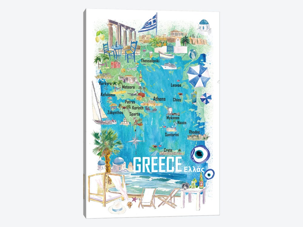 Greece Illustrated Travel Map With Roads And Tourist Highlights by Markus & Martina Bleichner 1-piece Canvas Wall Art
