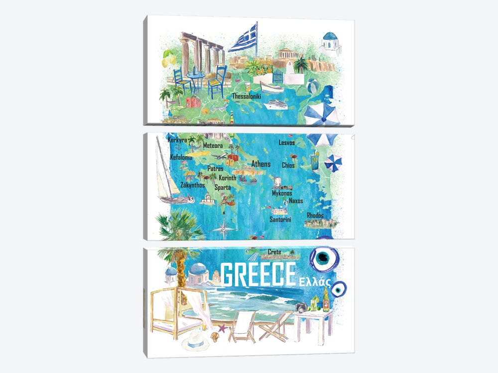 Greece Illustrated Travel Map With Roads And Tourist Highlights by Markus & Martina Bleichner 3-piece Canvas Artwork