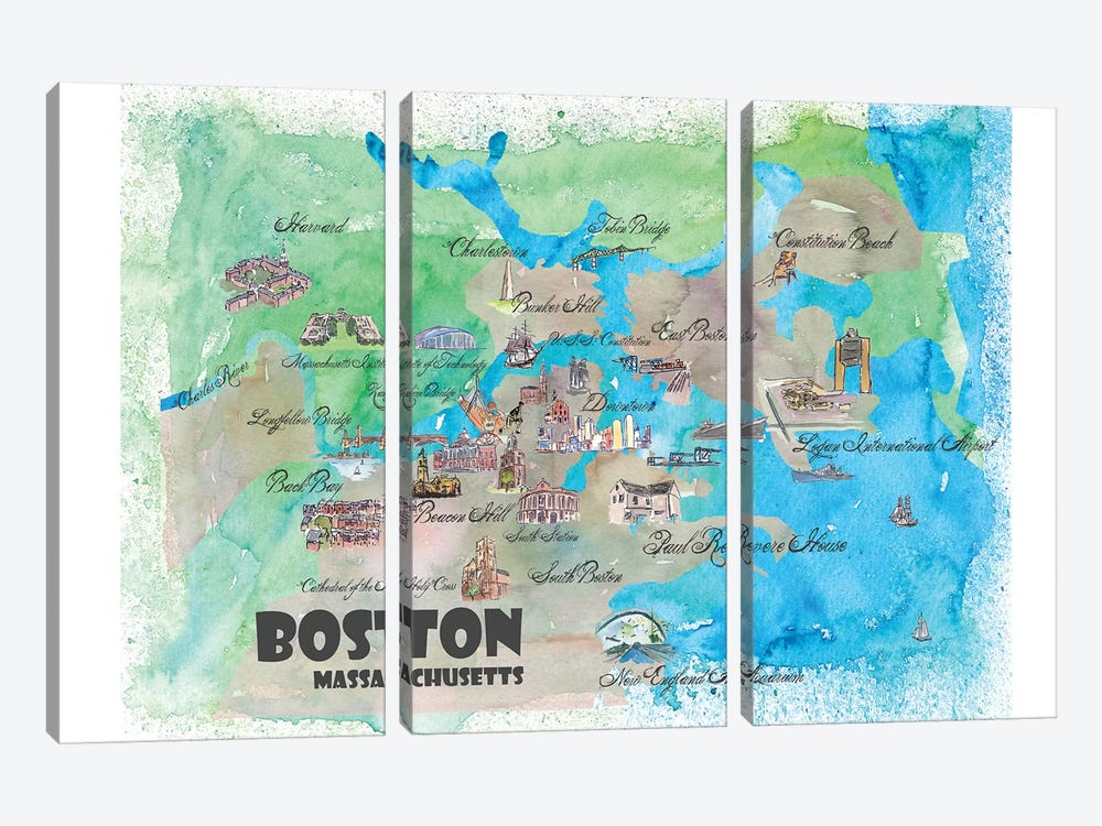 Boston, Massachusetts Travel Poster by Markus & Martina Bleichner 3-piece Canvas Art Print