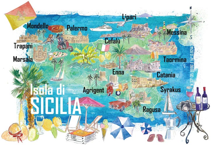 Sicily Italy Illustrated Travel Map With Roads And Tourist Highlights