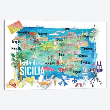 Sicily Italy Illustrated Travel Map With Roads And Tourist Highlights Canvas Print #MMB900} by Markus & Martina Bleichner Canvas Art