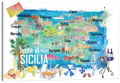 Sicily Italy Illustrated Travel Map With Roads And Tourist Highlights Canvas Art Print - Sicily