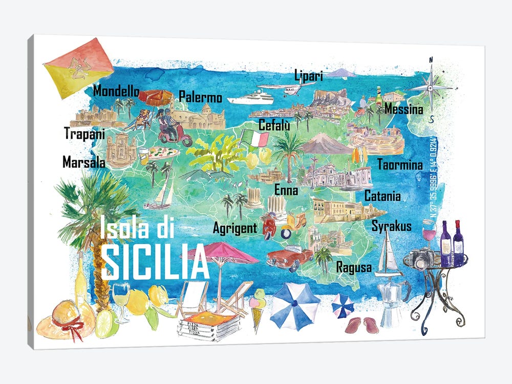 Sicily Italy Illustrated Travel Map With Roads And Tourist Highlights by Markus & Martina Bleichner 1-piece Canvas Art Print