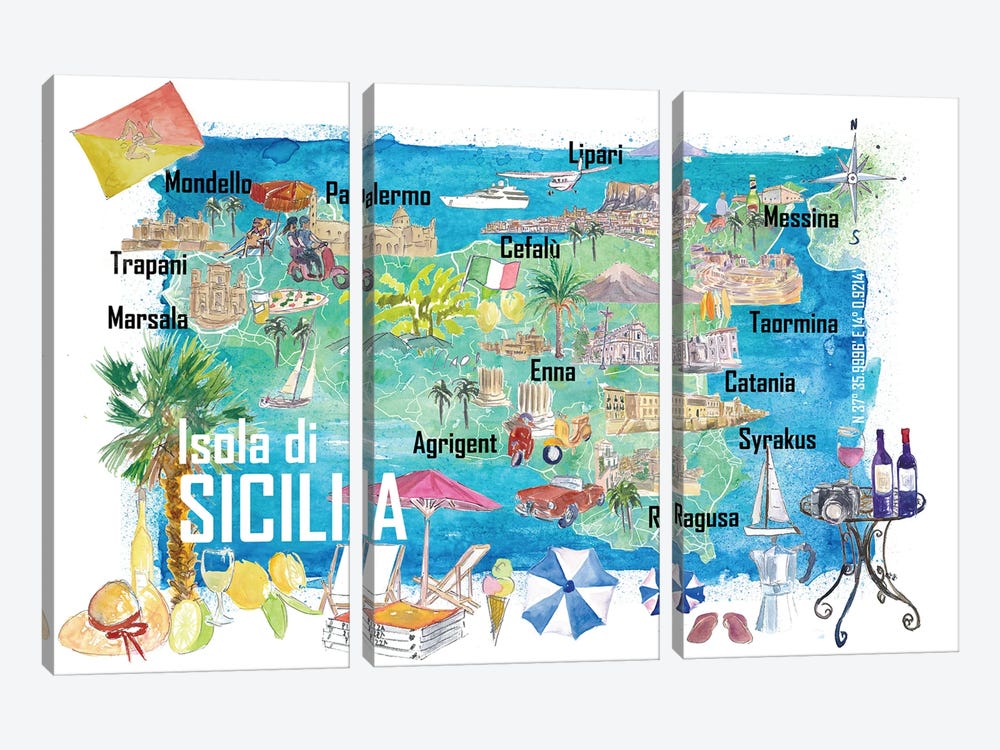Sicily Italy Illustrated Travel Map With Roads And Tourist Highlights by Markus & Martina Bleichner 3-piece Art Print