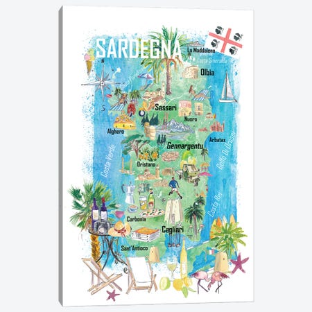 Sardinia Illustrated Travel Map With Roads And Tourist Highlights Canvas Print #MMB901} by Markus & Martina Bleichner Canvas Art