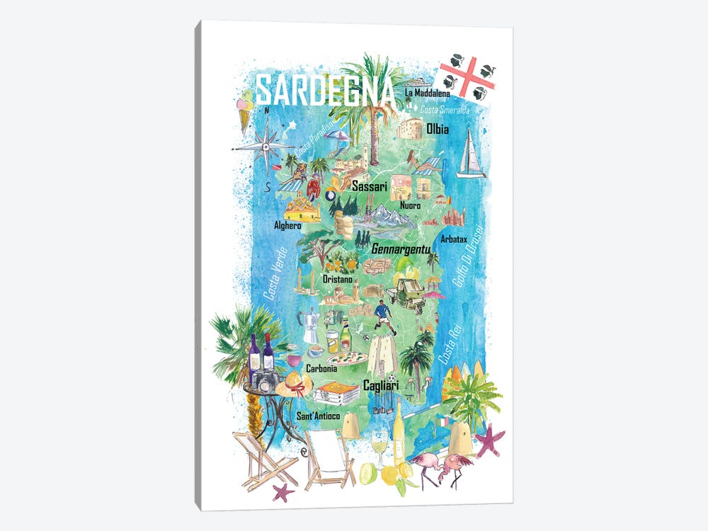 Sardinia Illustrated Travel Map With Roads And Tourist Highlights by Markus & Martina Bleichner 1-piece Canvas Art