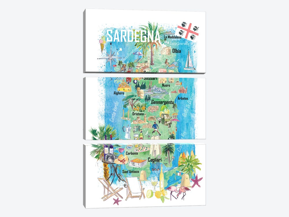 Sardinia Illustrated Travel Map With Roads And Tourist Highlights by Markus & Martina Bleichner 3-piece Canvas Wall Art
