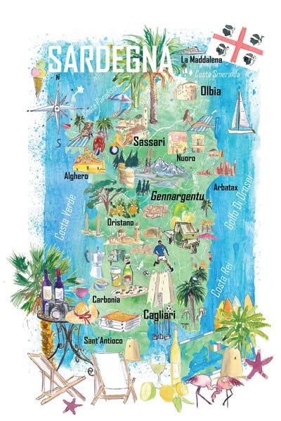 Markus & Martina Bleichner: Sardinia Illustrated Travel Map With Roads And Tourist Highlights by Markus & Martina Bleichner