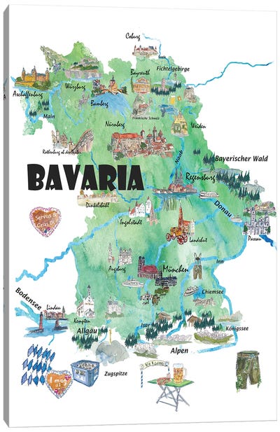 Bavaria Germany Illustrated Travel Map In With Roads And Tourist Highlights Canvas Art Print