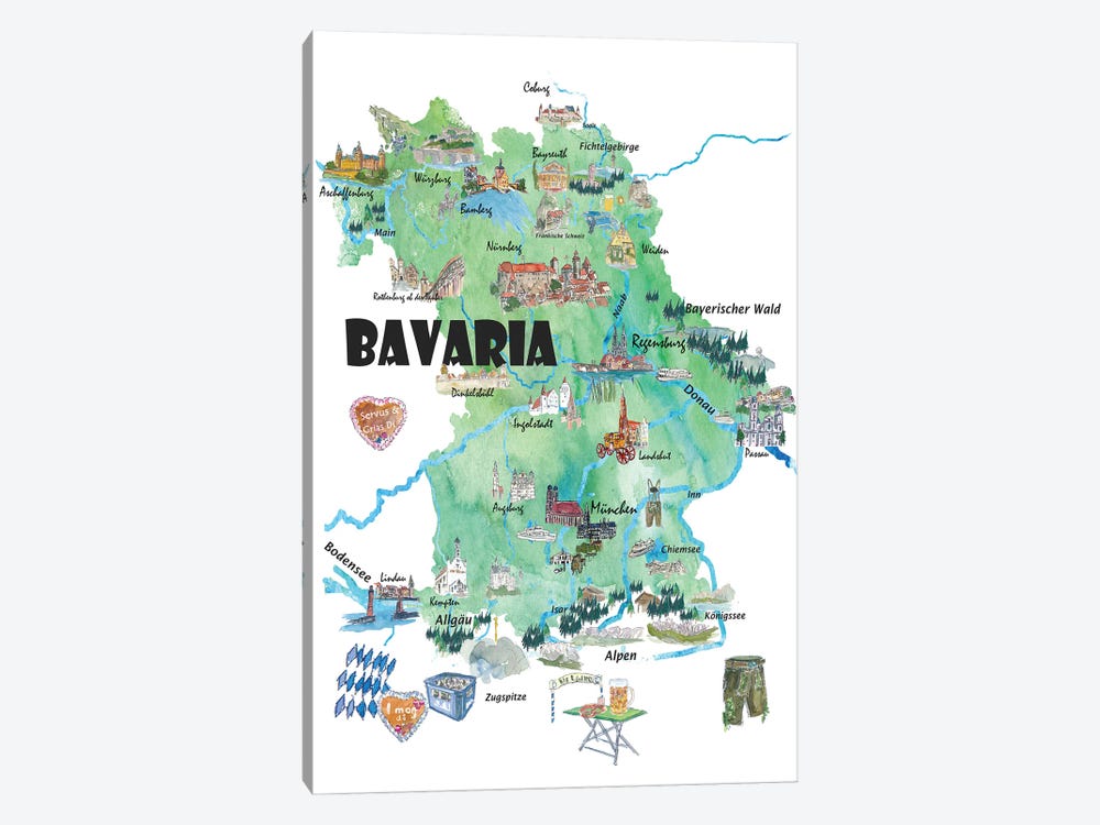 Bavaria Germany Illustrated Travel Map In With Roads And Tourist Highlights by Markus & Martina Bleichner 1-piece Canvas Print