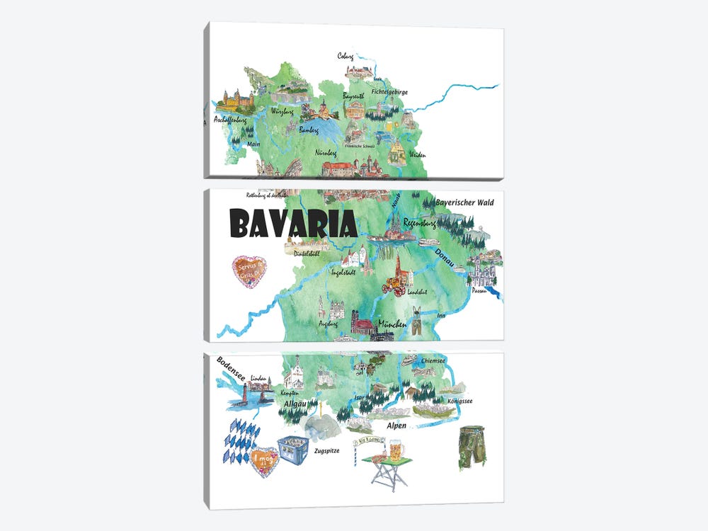 Bavaria Germany Illustrated Travel Map In With Roads And Tourist Highlights by Markus & Martina Bleichner 3-piece Canvas Art Print