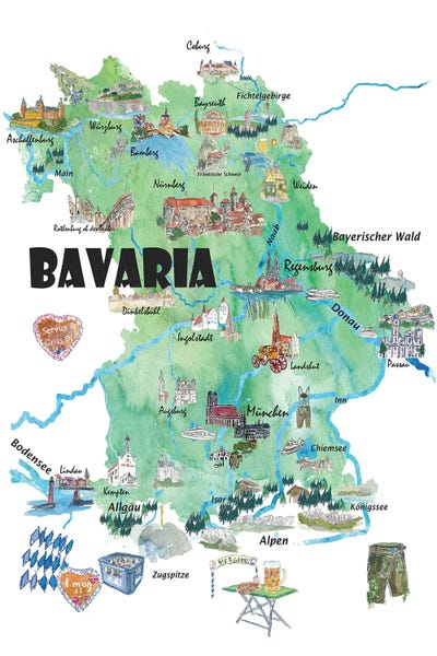 Markus & Martina Bleichner: Bavaria Germany Illustrated Travel Map In With Roads And Tourist Highlights by Markus & Martina Bleichner