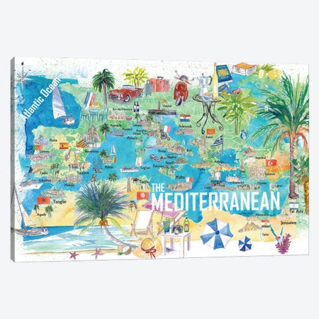 Mediterranean Sea Illustrated Travel Poster Map With Spain Italy Greece Palma Ibiza Canvas Print #MMB903} by Markus & Martina Bleichner Canvas Wall Art