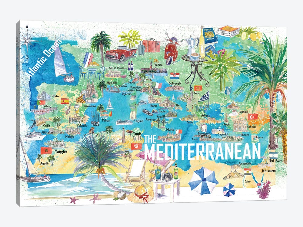 Mediterranean Sea Illustrated Travel Poster Map With Spain Italy Greece Palma Ibiza by Markus & Martina Bleichner 1-piece Canvas Wall Art