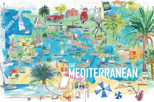 Markus & Martina Bleichner: Mediterranean Sea Illustrated Travel Poster Map With Spain Italy Greece Palma Ibiza by Markus & Martina Bleichner