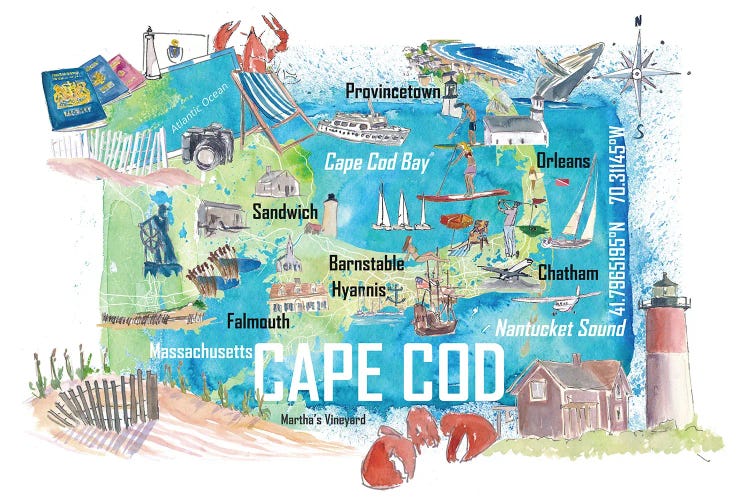 Cape Cod Massachusetts Island Illustrated Island Travel Map With Tourist Highlights by Markus & Martina Bleichner wall art