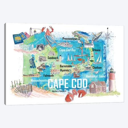Cape Cod Massachusetts Island Illustrated Island Travel Map With Tourist Highlights Canvas Print #MMB904} by Markus & Martina Bleichner Canvas Print