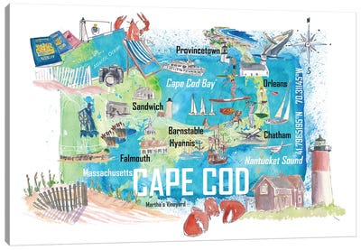 Cape Cod Massachusetts Island Illustrated Island Travel Map With Tourist Highlights Canvas Art Print - Cape Cod