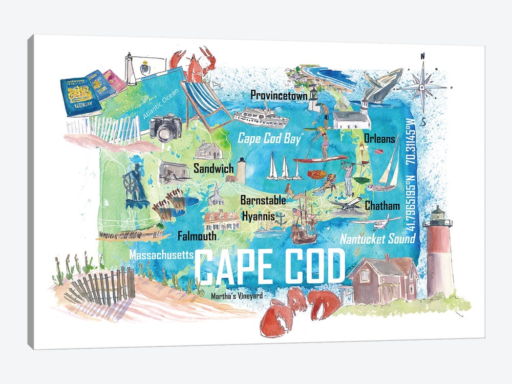 Cape Cod Massachusetts Island Illustrated Island Travel Map With Tourist Highlights by Markus & Martina Bleichner 1-piece Art Print