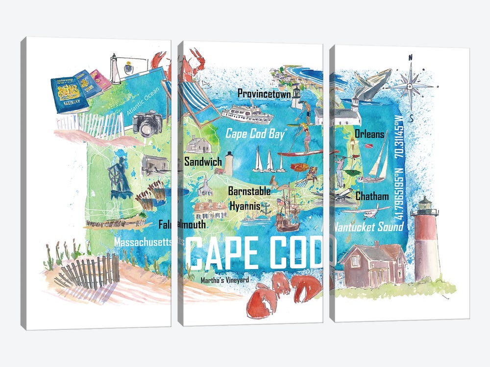 Cape Cod Massachusetts Island Illustrated Island Travel Map With Tourist Highlights by Markus & Martina Bleichner 3-piece Canvas Art Print