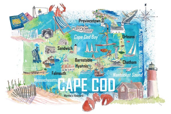 Cape Cod Massachusetts Island Illustrated Island Travel Map With Tourist Highlights