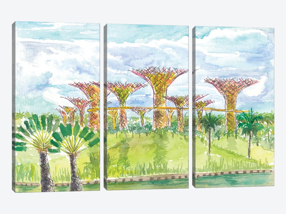 Singapore Iconic Gardens With Palms And Supertrees In The Sun by Markus & Martina Bleichner 3-piece Canvas Print