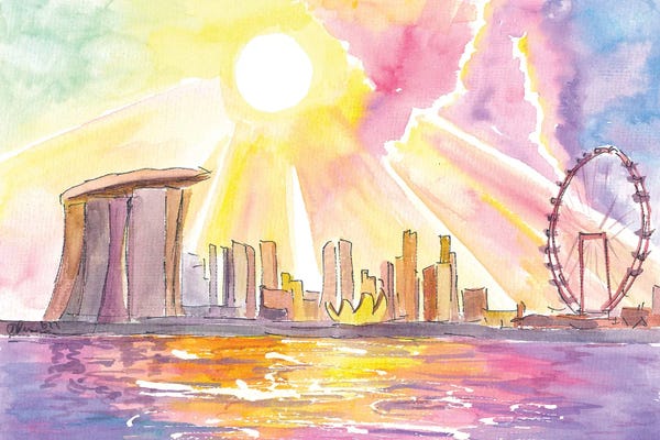 Ferris Wheels: Singapore Impressive Waterfront Skyline View Harbour And Ferris Wheel by Markus & Martina Bleichner