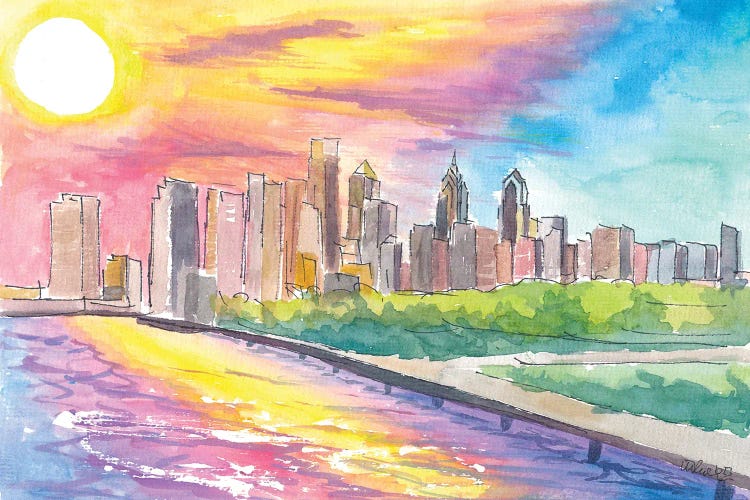 Philadelphia Pa Impressive Skyline Colorful Sunset Mood