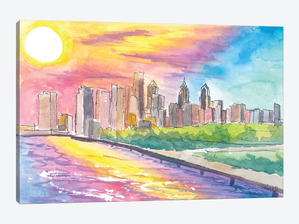 Philadelphia Pa Impressive Skyline Colorful Sunset Mood by Markus & Martina Bleichner 1-piece Canvas Art