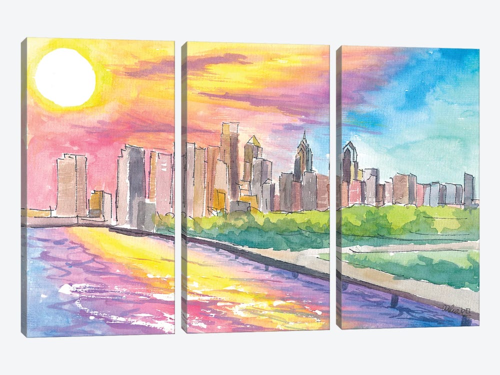 Philadelphia Pa Impressive Skyline Colorful Sunset Mood by Markus & Martina Bleichner 3-piece Canvas Artwork