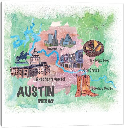 Austin Texas Usa Illustrated Map With Main Roads Landmarks And Highlights Canvas Art Print - Kids Map Art