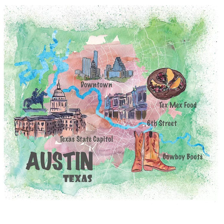 Austin Texas Usa Illustrated Map With Main Roads Landmarks And Highlights by Markus & Martina Bleichner wall art