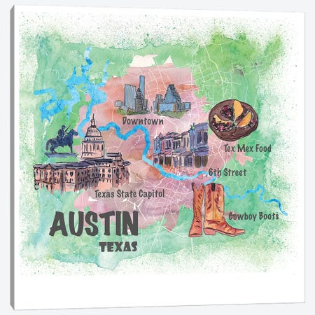 Austin Texas Usa Illustrated Map With Main Roads Landmarks And Highlights Canvas Print #MMB90} by Markus & Martina Bleichner Canvas Artwork