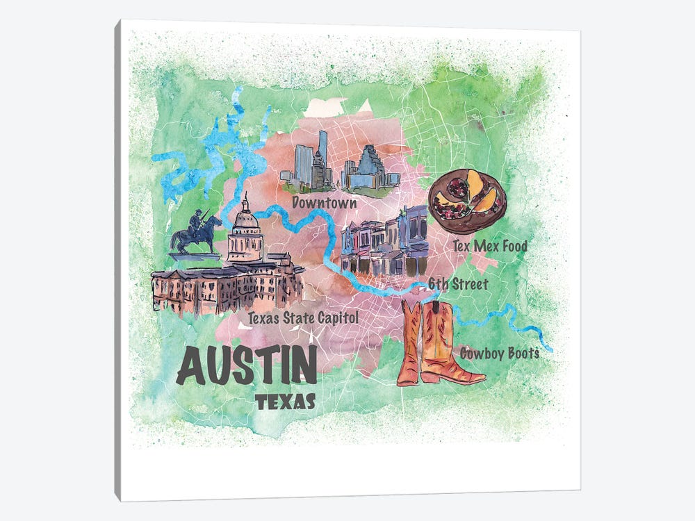 Austin Texas Usa Illustrated Map With Main Roads Landmarks And Highlights by Markus & Martina Bleichner 1-piece Canvas Art