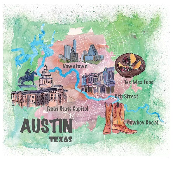 Kids Map Art: Austin Texas Usa Illustrated Map With Main Roads Landmarks And Highlights by Markus & Martina Bleichner