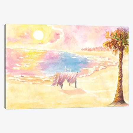 Romantic Table For Two Lovers On The Beach At Sunset Canvas Print #MMB917} by Markus & Martina Bleichner Canvas Art
