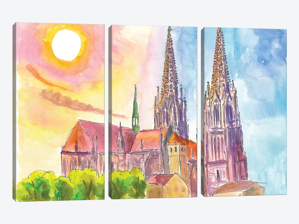 Gothic Cathedral Of Regensburg Bavaria In Warm Spring Light by Markus & Martina Bleichner 3-piece Canvas Art Print