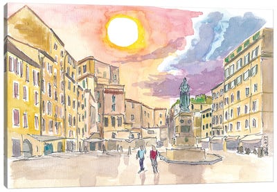 Rome Italy Campo Dei Fiori Scenery With Sun Canvas Art Print - City Sunrise & Sunset Art