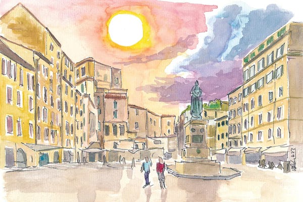 Rome Italy Campo Dei Fiori Scenery With Sun