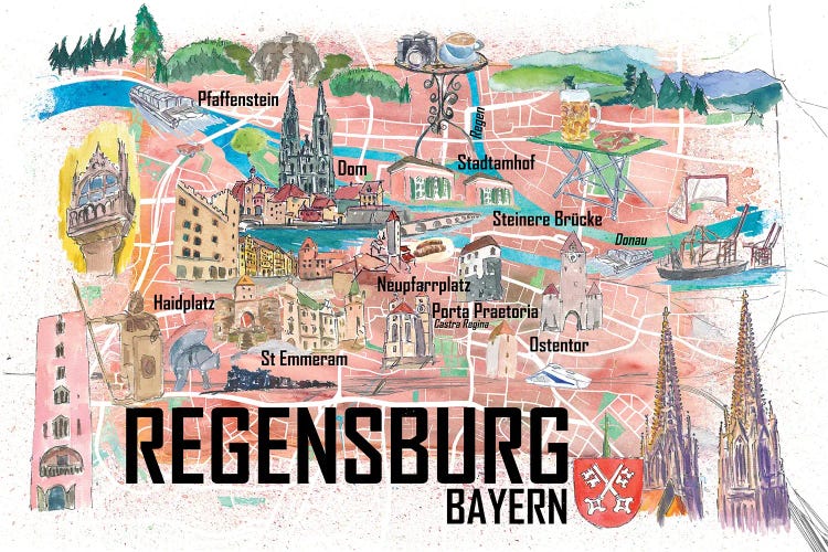 Regensburg Illustrated Favorite Map With Roads And Touristic Highlights